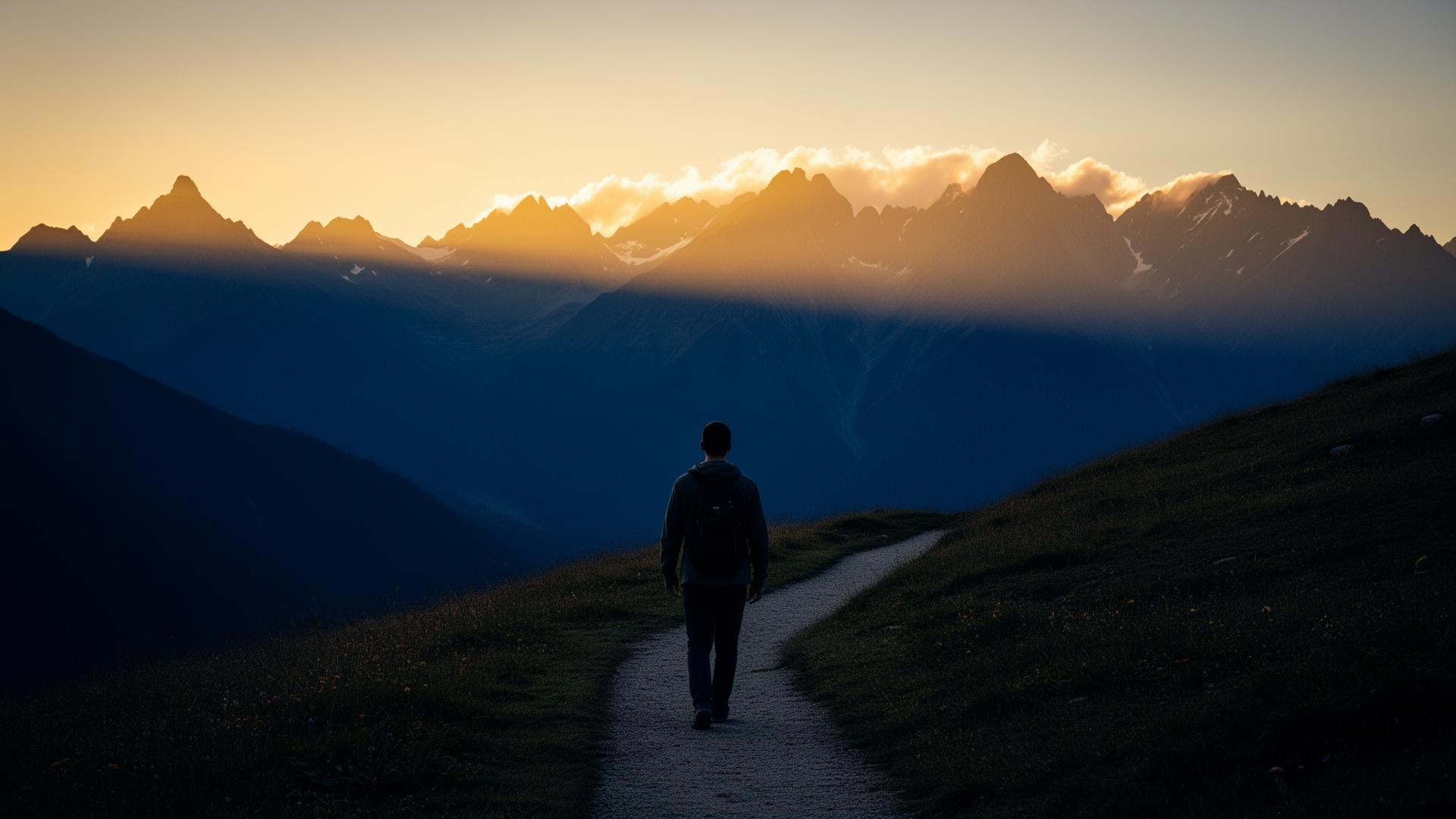 A person walking a winding path toward distant mountains at sunrise — a quiet, hopeful moment of moving forward.